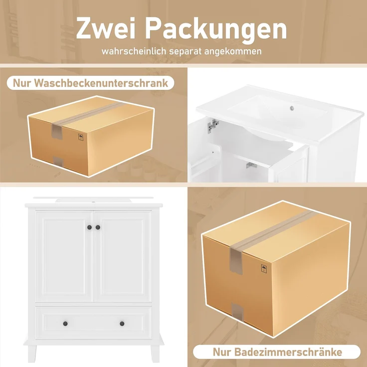 76x46x87cm Bodenstehender Badezimmerschrank mit Waschbeck, Waschtisch,Beine aus Massivholz, Volllackierung, feuchtigkeits- und wasserdicht, großer Stauraum, integriertes Keramikwaschbecken, weiß – Bild 10