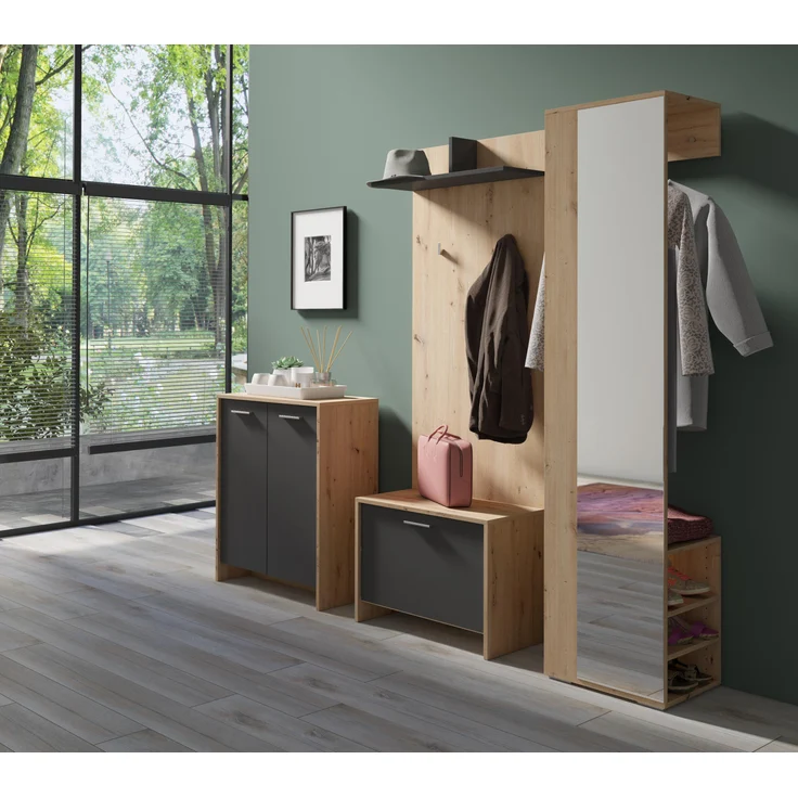 byLIVING Flurgarderobe BEN / Garderobe Artisan Eiche-Optik hellbraun mit Spiegel / Spiegelschrank für den Flur mit Kleiderstange und Ablage / B 40, H 184, T 35 cm – Bild 5