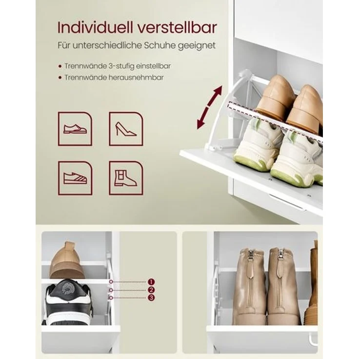 VASAGLE Schuhschrank 4 Klappen, Schuhkipper, Schuhregal, Schuhaufbewahrung, Trennwand verstellbar, für 16-28 Paar Schuhe, Flur, 24 x 105,5 x 82,7 cm, schneeweiß LBCDE035W01 – Bild 4