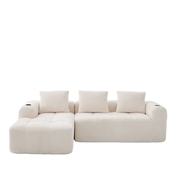 LVHOM Ecksofa 3 sitzer, Bodensofa mit Seitentaschen und Getränkehalter, Polstersofa aus Cordstoff, frei Kombination, Modulares Chaiselongue-Sofa-Set, 253x158x61 cm – Bild 2