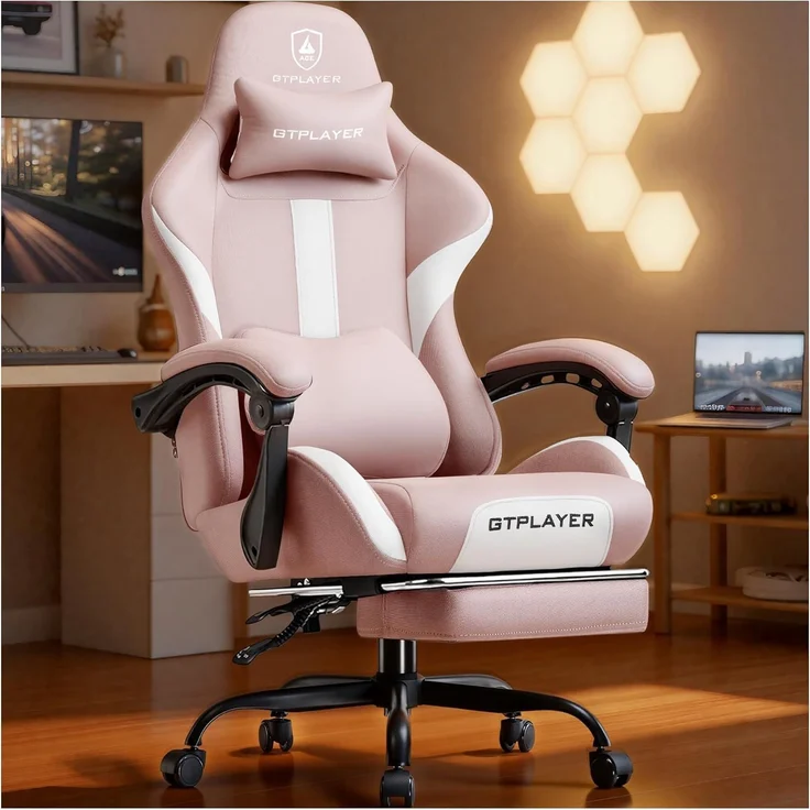 GTPLAYER Gaming Stuhl, Gamer Stuhl, Atmungsaktiver Bürostuhl aus Hochwertigem Stoff, Ergonomischer PC-Stuhl, Verstellbarer und Drehbarer Schreibtischstuhl mit Fußstütze, pink – Bild 1