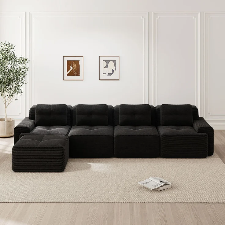 EINHOM Boneless Sofas für Wohnzimmer, Modulares Sofa mit L-förmiger Chaiselongue, 4-Sitzer Bequem Polstertes Tiefsitz Corduroy-Cloud-Sofa, Montagefreies Sofa, Rutschfestes Design, Schwarz – Bild 3