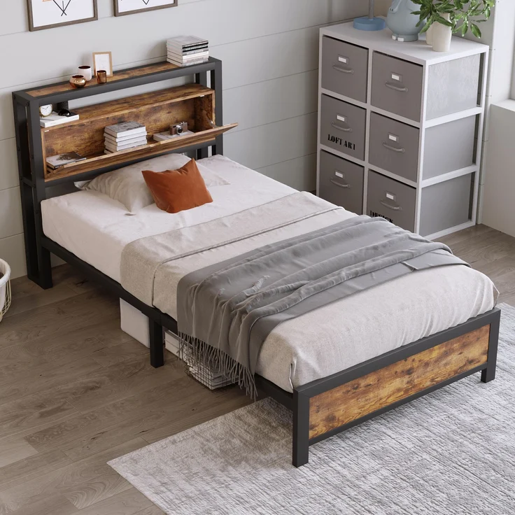 Metallbett mit Stauraum-Kopfteil & Lattenrost, 100x216x95 cm, Natur, ohne Matratze – Bild 2