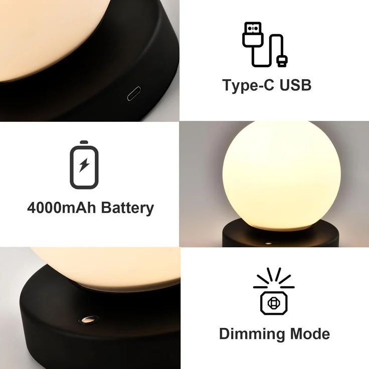LQWELL Nachttischlampe Nachttischleuchte, Tischlampe Tischleuchte, 3 Dimmstufen USB Wiederaufladbar, LED fest integriert, Warmweiß, Touch Beistelltischlampe Leselampe Kugel Glas – Bild 6