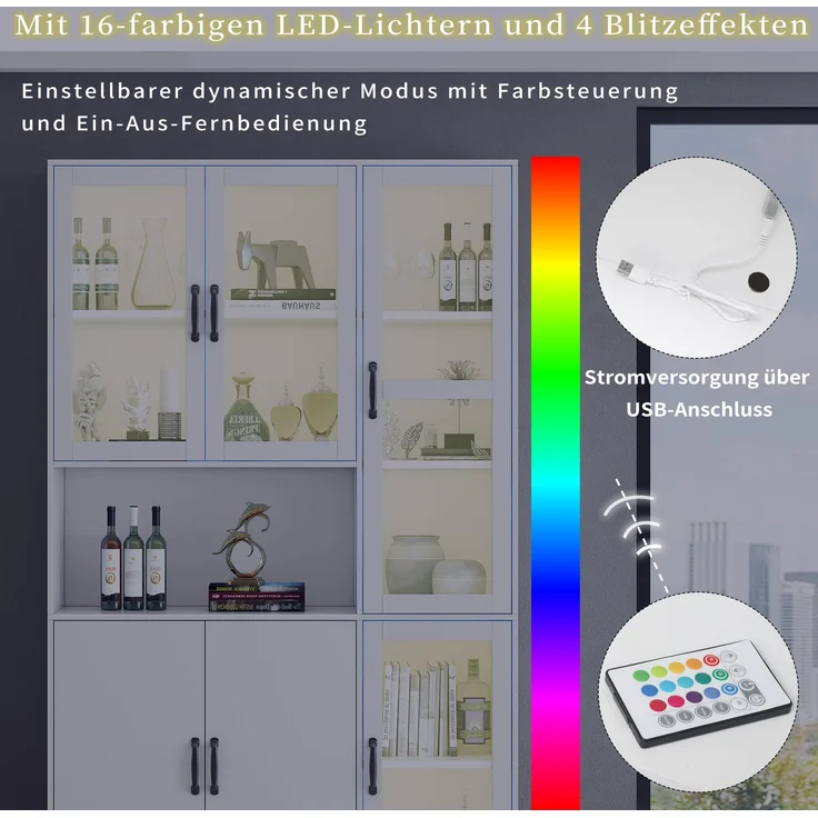 Bücherregal-Vitrine, mit LED-Licht, 4 Acryl- & 2 Holztüren, 9 Fächer, 120x40x200 cm, Weiß – Bild 7