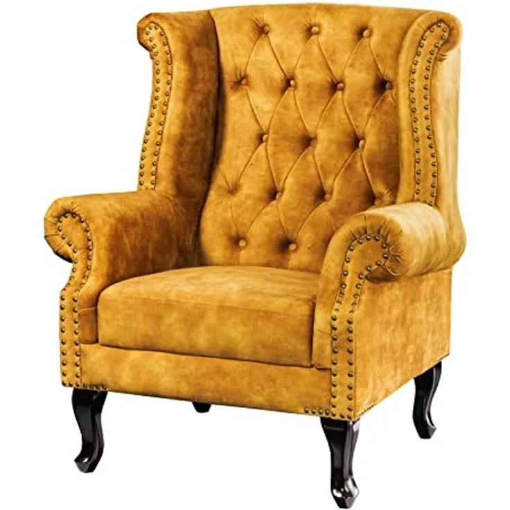 riess-ambiente Ohrensessel CHESTERFIELD 105cm senfgelb / dunkelbraun (Einzelartikel, 1-St), Wohnzimmer · Samt · Holz · Relax · Schlafzimmer