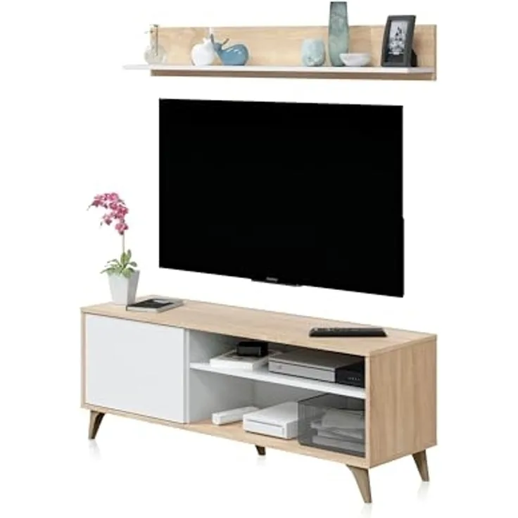 CaliCosy TV-Möbel mit 2 Nischen und 1 Tür mit seinem Wandregal Kikua Plus - L135 cm - Weiß