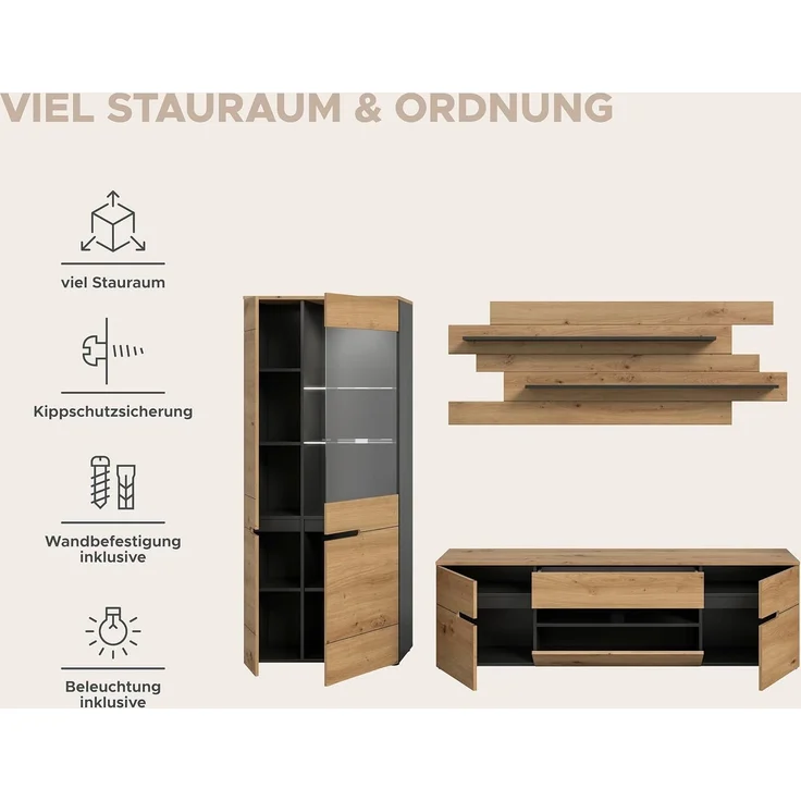 Wohnkombination inkl Beleuchtung (B/H/T: 280x190x44 cm) in Artisan Nachbildung – Bild 9