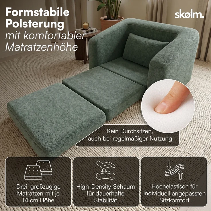 skølm 'Fjäll' Schlafsessel mit 1 Kissen, dunkelgrün, Teddy-Bouclé Sessel ausklappbar, mit Liegefunktion, vakuumverpackt ohne Aufbau – Bild 2
