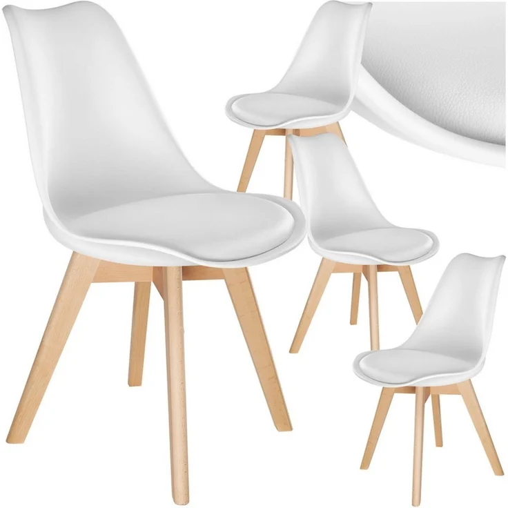 tectake Esszimmerstuhl Küchenstuhl Scandi-Design, gepolsterte Sitzfläche, 49 x 53 x 82 cm (Polsterstuhl Frederikke in weiß, 4 St), ergonomische Form, massive Holzbeine, bodenschonende Filzgleiter – Bild 1