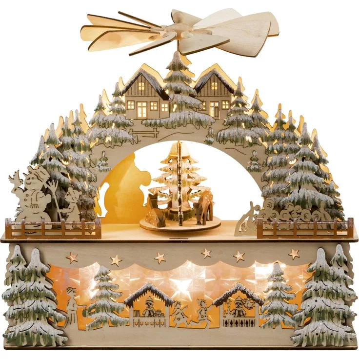 HGD LED-Schwibbogen Winterlandschaft mit beweglicher Pyramide & Timer 8-flammig 30 x 28 cm warmweiß natur