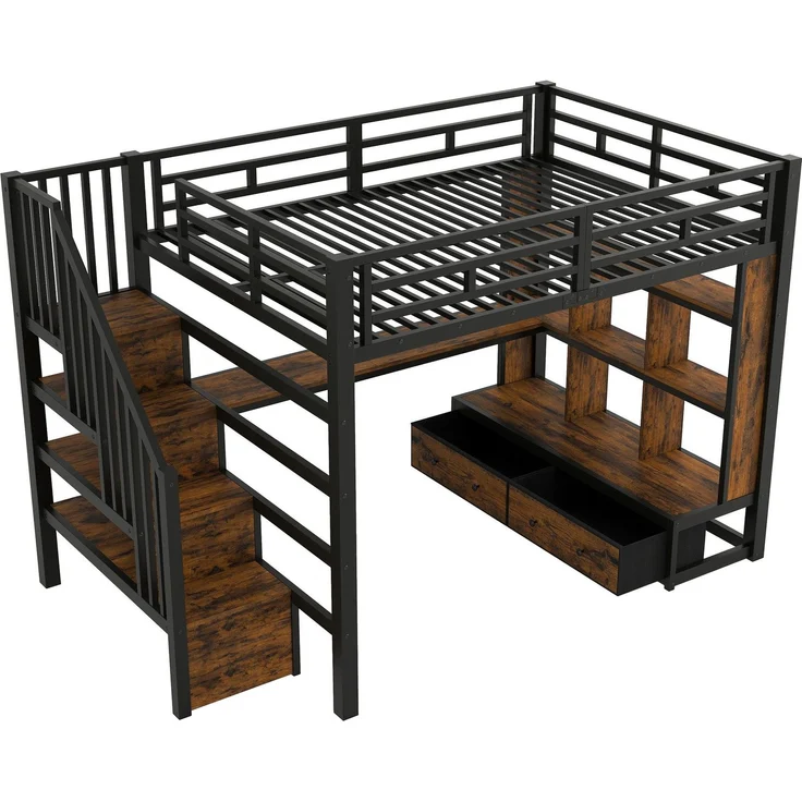 Hochbett mit RGB LED-Streifen, Schreibtisch, Regal, Lattenrost, Treppe und Schubladen, 140x200 cm, Kinderbett mit Rausfallschutz, Metallbett – Bild 7