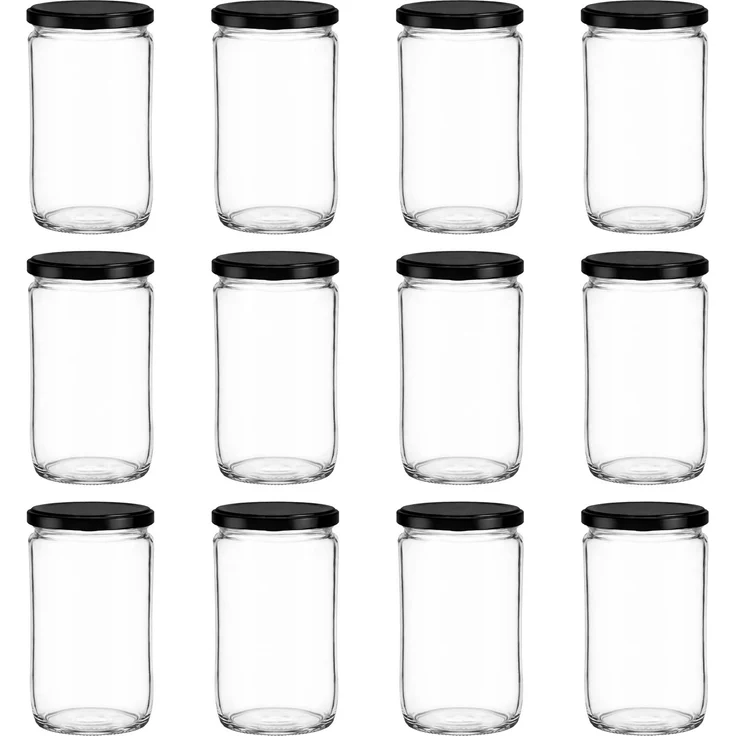 hocz 12x Einmachgläser 720 ml | mit Deckel Schwarz TO 82 | leere Gläser mit Schraubdeckel zum befüllen | Sturzgläser, Schraubgläser, Marmeladengläser Set | 12 Stück