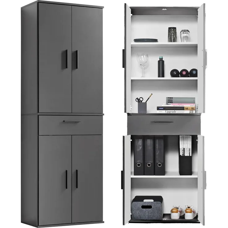 mokebo® Mehrzweckschrank 60cm Breite mit Schubladen & Einlegeböden 'Der Praktische' hoher Schubladenschrank in Grau BZW. Schwarz, großer Schrank & Hochschrank anthrazit | 60 x 180 x 34 (B/H/T in cm)