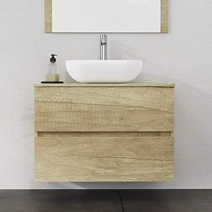 Baikal Onyx Badezimmerschrank, 2 Schubladen, Wandmontage, mit Keramikwaschbecken, montiert, Melamin 16, Möbel F46 + Top + Waschbecken + Spiegel 70 cm Natur – Bild 5