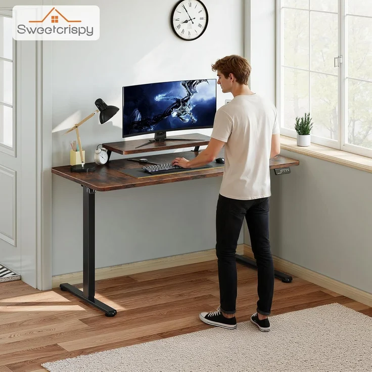 Sweetcrispy Höhenverstellbarer Schreibtisch mit Monitorständer, 160x60 cm Schreibtisch Höhenverstellbar Elektrisch, Ergonomischer Steh-Sitz Tisch, Computertisch Standing Desk, Vintagebraun – Bild 8