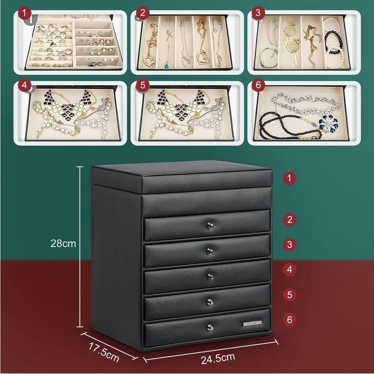 Yorbay Schmuckkasten Schmuckkästchen mit 6 Ebenen, 5 Schubladen (Mit Spiegel), zwei Farben, für Halsketten, Ringe, Armbänder, Ohrringe – Bild 3