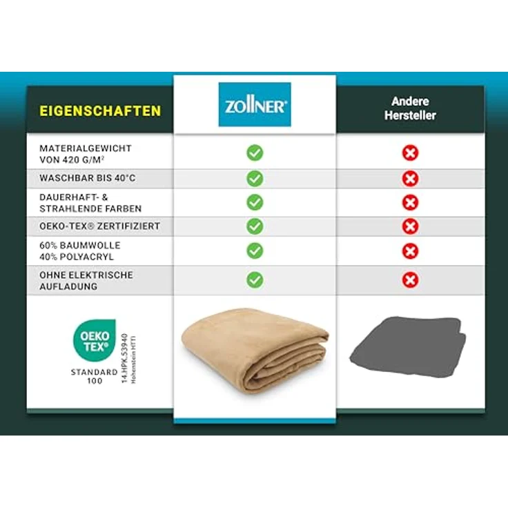 Zollner Kuscheldecke, hellbraun, 150x200 cm aus Naturmaterialien, Oeko-Tex® Standard 100, für Wohntextilien und gemütliche Entspannung – Bild 5