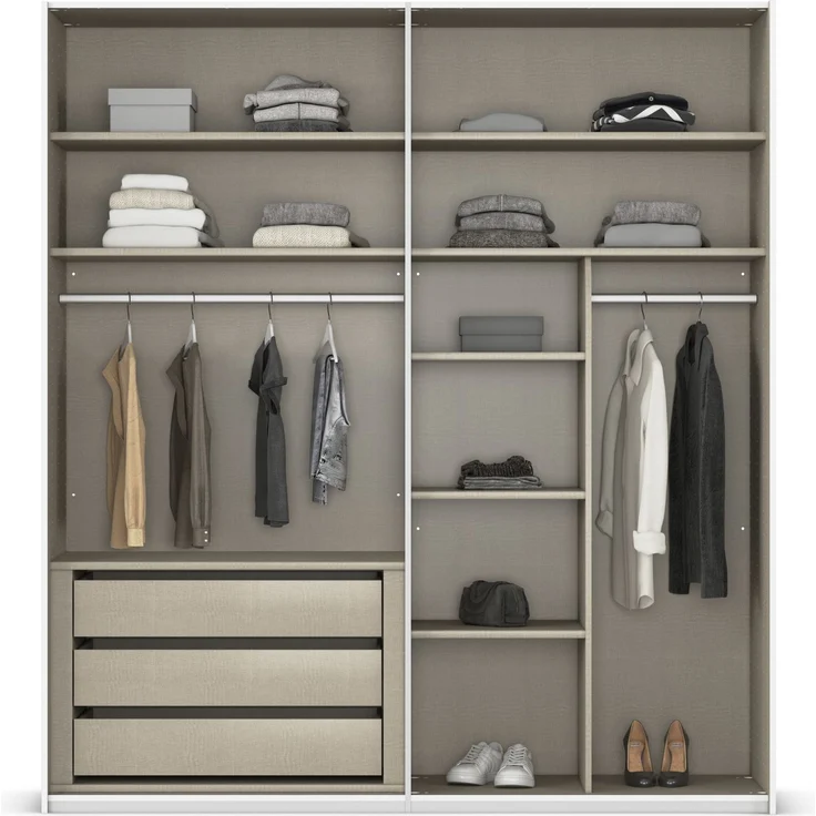 rauch Montclar Kleiderschrank 4-türig, mit 7 Einlegeböden, 2 Kleiderstangen, 1 Schubkasteneinsatz, 1 Inneneinteilung, 1 Innenspiegel, Farbe Graphit, BxHxT 201x223x60 cm – Bild 9