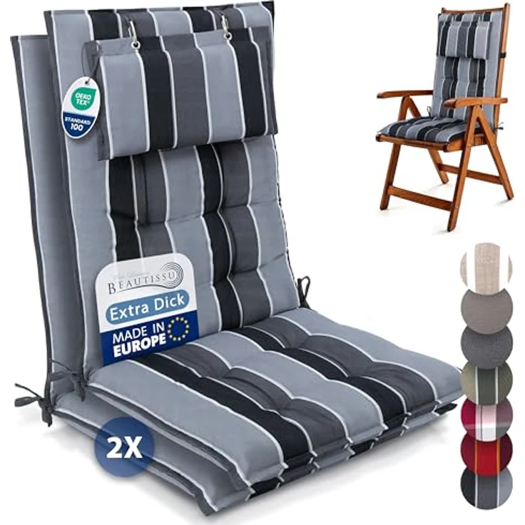 Beautissu Hochlehnerauflage 2er Set Sun-HL, 120x50x8cm, anthrazit-gestreift, mit Kopfpolster, rutschfest & robust, UV 5, Befestigungsbänder – Bild 1