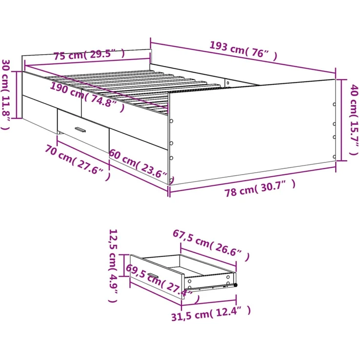 vidaXL Bettgestell mit Schubladen Grau Sonoma 75x190 cm Holzwerkstoff 3280354 – Bild 11