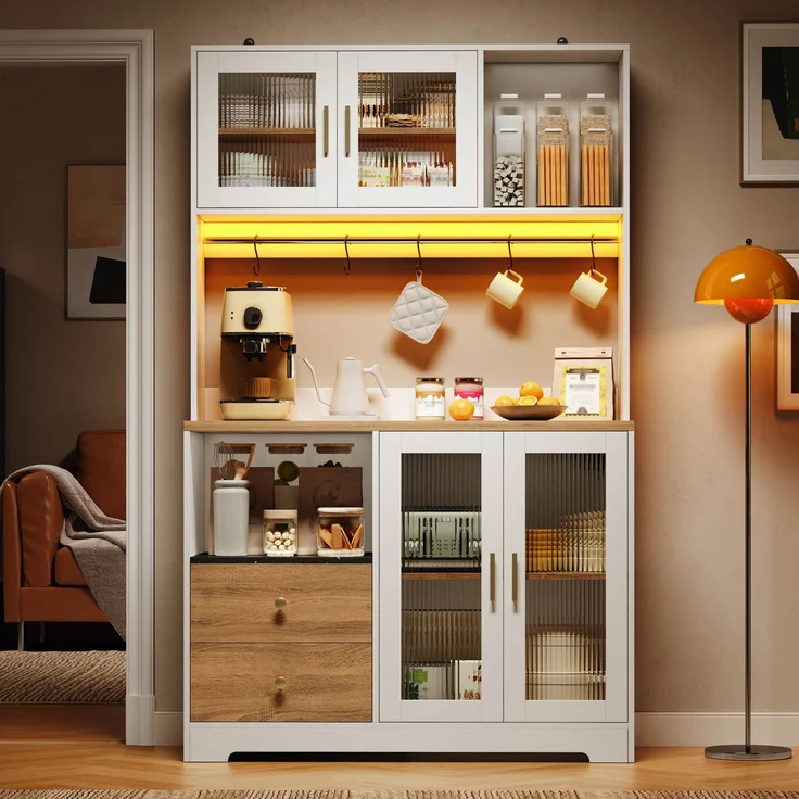 178 cm Küchenschrank, Hochschrank mit LED, Küchenregal mit Steckdose, Vitrine mit Türen aus gehärtetem Glas, Weinregal, Weiß mit Holzoptik verstärkter Arbeitsplatte--Natur + Weiß--110x40x178cm--YOUDENOVA – Bild 2