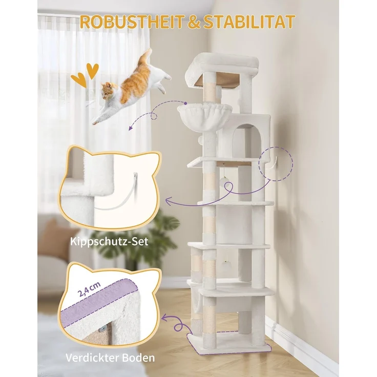 Kratzbaum groß, 170 cm hoch, Katzenbaum, mit 8 Kratzbäume, 2 Höhlen, groß Plattformen, Waschbare Matte, Hängematte, Plüschbälle, mehrstöckiger katzenkratzbaum, Cremeweiß – Bild 7