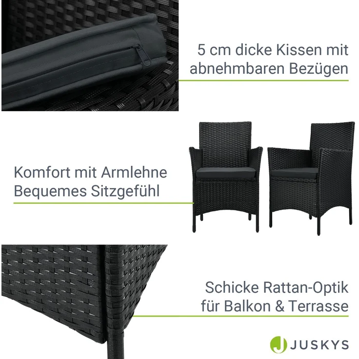 Juskys 'Bayamo' Balkon-Set für 2 Personen – Tisch, 2 Stühle mit Auflage, Polyrattan schwarz / grau – Bild 10