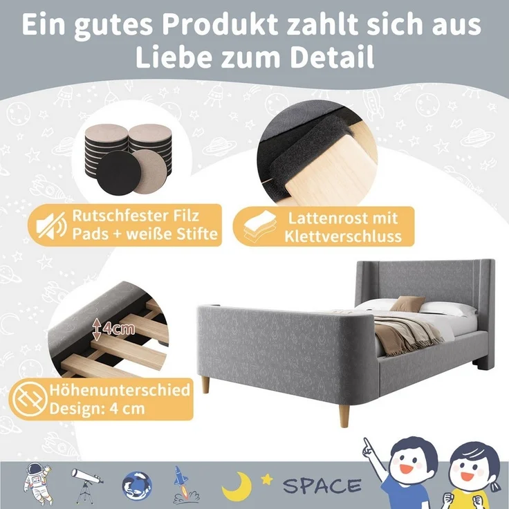 BlingBin Einzelbett (1-tlg, Kinderbett Polsterbett 90 x 200 cm mit kosmischem Muster), Für Jungen & Mädchen, Samt (Ohne Matratze) – Bild 3