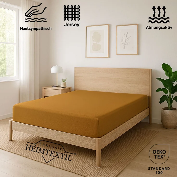EXKLUSIV HEIMTEXTIL Jersey Spannbettlaken Premium 180x200 cm Curry 100% Baumwolle Öko - Tex Zertifiziert Bed-Sheet Bettlaken Spannbetttuch Topper Leinentuch – Bild 2