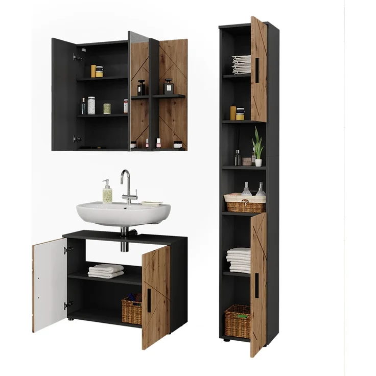 Badmöbel-Set Irma Anthrazit/Goldkraft Eiche 3-teilig Vicco – Bild 5