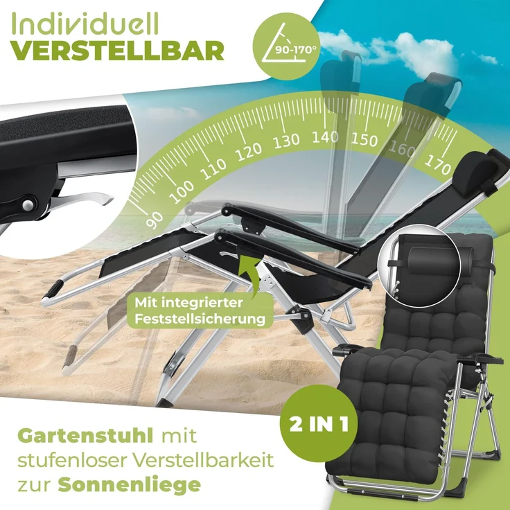 KESSER® Sonnenliege, klappbar, mit Getränkehalter, mit Auflage Polster & Kissen, verstellbare Rückenlehne, Schwarz, 77cm x 72cm x 180cm – Bild 5