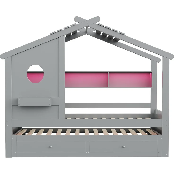 Merax Kinderbett, Jugendbett, 90x200cm, mit Ausziehbett 90x190cm, mit 2 Schubladen, mit USB- und Typ-C-Ladeanschlüssen und LED, mit Einlegeböden, Grau – Bild 8