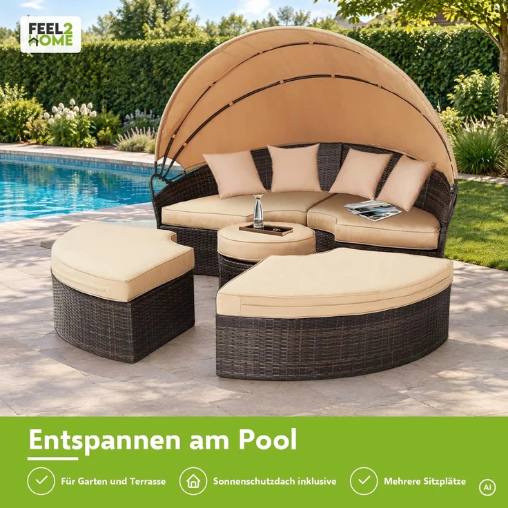 Polyrattan Sonneninsel 180cm Gartenmuschel Sonnenliege Loungebett braun/beige – Bild 2