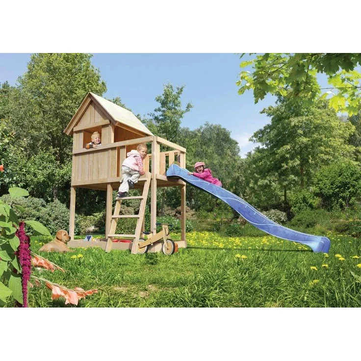 Karibu Kinderspielhaus Frieda Set Aktion2 naturbelassen mit Anbau und Rutsche blau – Bild 6