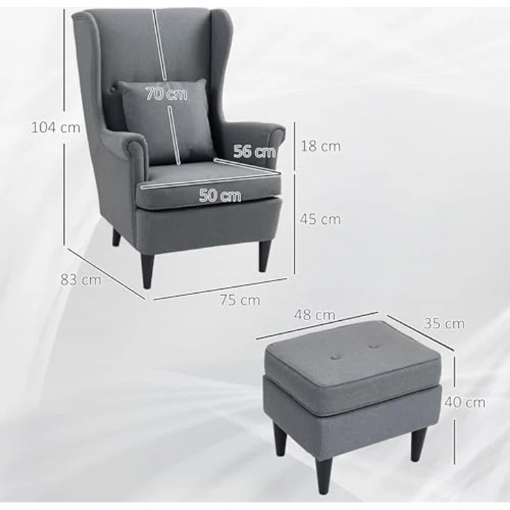 HOMCOM Relaxsessel Ohrensessel mit Hocker, Polsterstuhl mit Liegefunktion (Polstersessel mit hoher Rückenlehne aus Stoff, 2-St, TV-Sessel für Schlafzimmer, Wohnzimmer), 83 x 75 x 104 cm, Grau – Bild 3