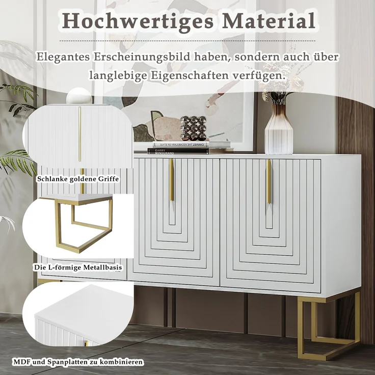 Merax Modernes 3-türiges Sideboard mit verstellbaren Regalen, U-förmigen Schranktüren und Metallgriffen und Sockel für Esszimmer und Küche (Weiß) – Bild 7