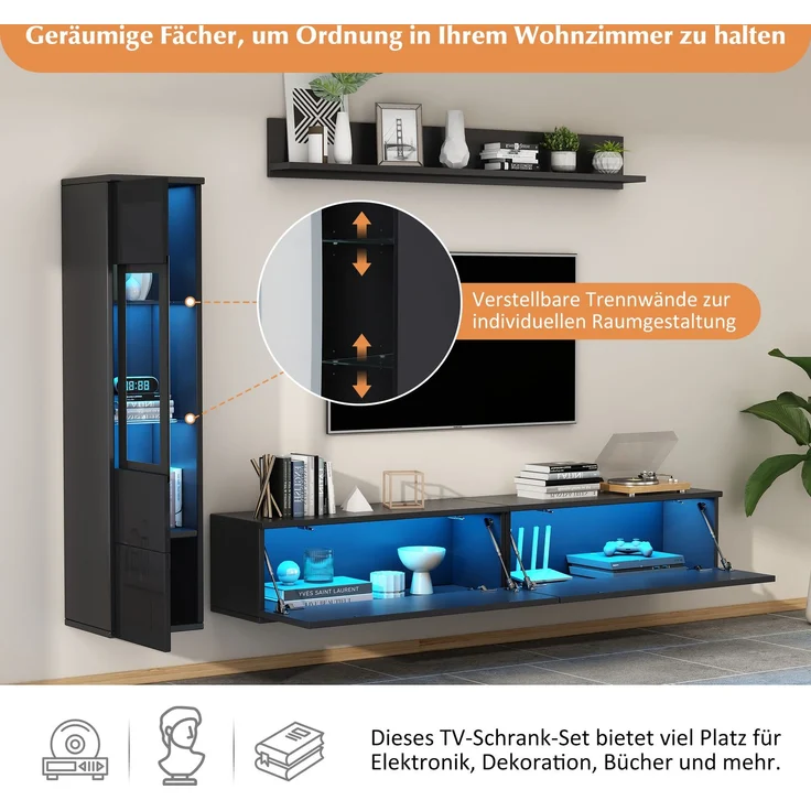 Flieks Wohnwand 3-teilig mit RGB-LED, TV-Lowboard, Vitrine und Wandregal für TVs bis 80 Zoll, Hochglanz Schwarz – Bild 6