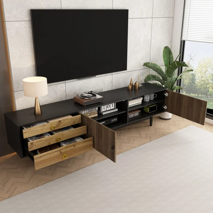 TV-Schrank 180 x 50 x 38 cm Schwarz Holz,Lowboard mit 2 Türen, 3 Schubladen, Wellenmuster, Massivholzbeinen – Bild 4