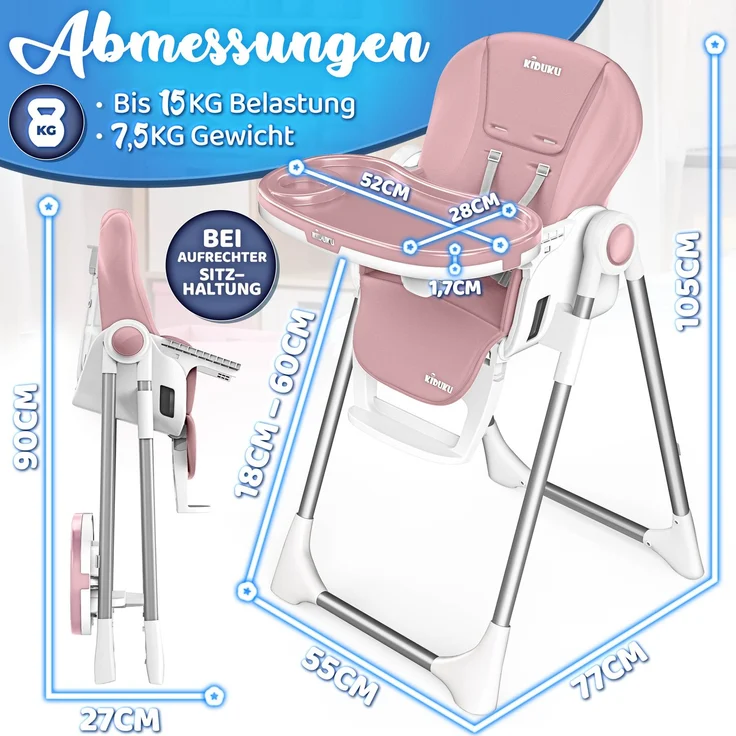 KIDUKU® Hochstuhl Baby 3in1 mit Neugeborenenaufsatz + Lätzchen, Spielbogen & Tisch | Kinderhochstuhl klappbar mit Liegefunktion | Kombihochstuhl höhenverstellbar | Babystuhl mitwachsend 0-36 Monate – Bild 8