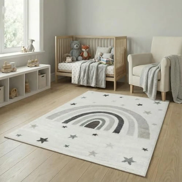 Jimri Kinderteppich DOTS l Pünktchen Gepunktet l Öko-Tex Siegel | Farbe: Beige Blau Rosa | Kinderzimmer/Jugendzimmer (Creme, 160x230 cm) – Bild 2