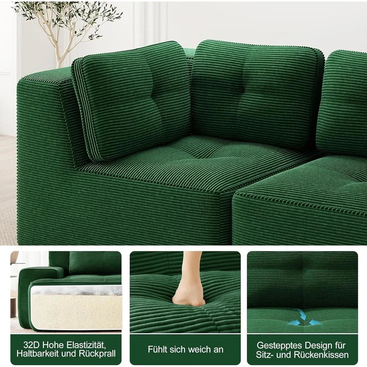3-Sitzer-Sofa Ecksofa Cordstoff Polsterung Armlehnen Grün 3-Sitzer – Bild 7