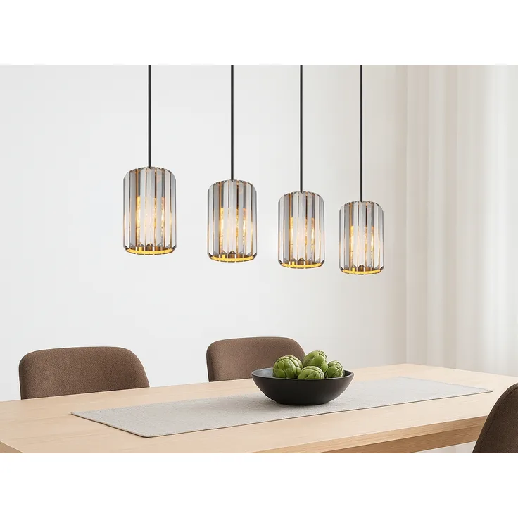 Hängeleuchte, 4-Flammig, Holzoptik, Kristall rauch, L 88 cm