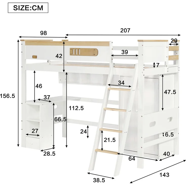 Etagenbett Kinderbett 90x200 mit Fallschutzgitter, Schreibtisch, Kleiderschrank, offene Regale – Bild 10
