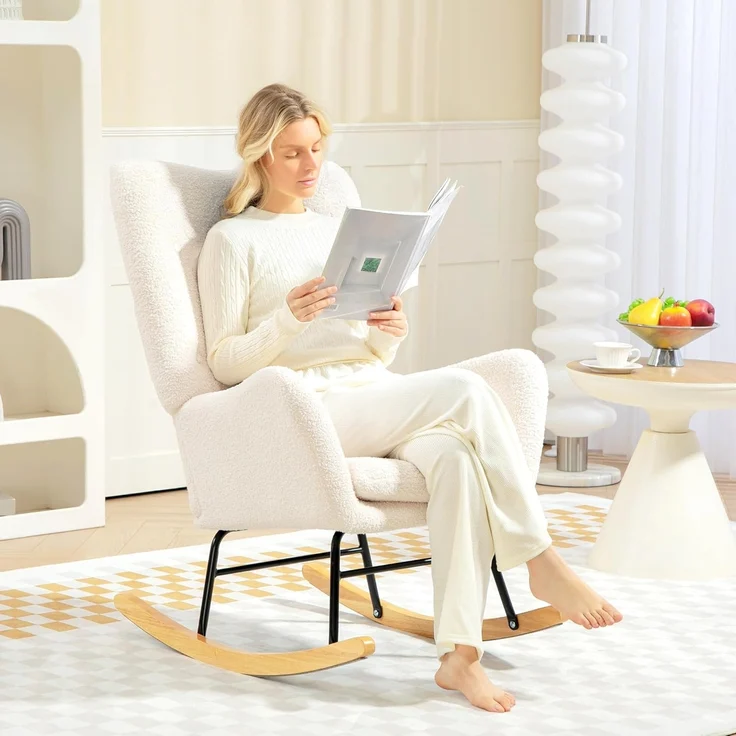 HOMCOM Schaukelstuhl Schaukelsessel mit Armlehne, Teddystoff-Optik (Relaxsessel Schwingsessel, 1 St), für Wohnzimmer, Schlafzimmer, Cremeweiß – Bild 6