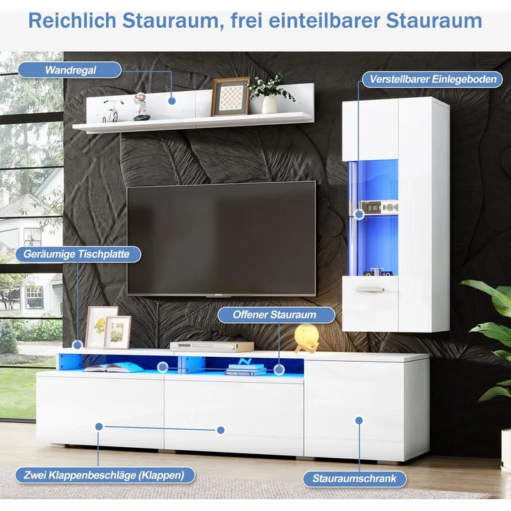 TV-Möbelset mit LED-Beleuchtung, Hochglanzfronten, für TV bis ca. 80 Zoll, 180x40x45 cm, Weiß – Bild 7