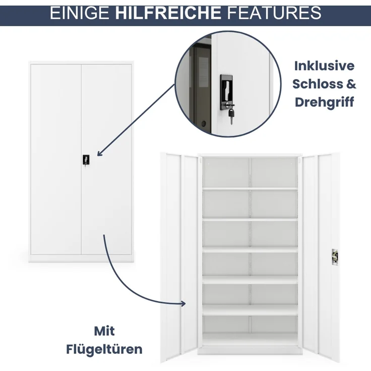 Aktenschrank abschließbar KADO - 6 Ebenen verstellbar, Flügeltüren | Metallschrank Werkstatt Mehrzweckschrank Büroschrank aus Stahl Werkzeugschrank, 220 x 115 x 40 cm Weiß – Bild 5