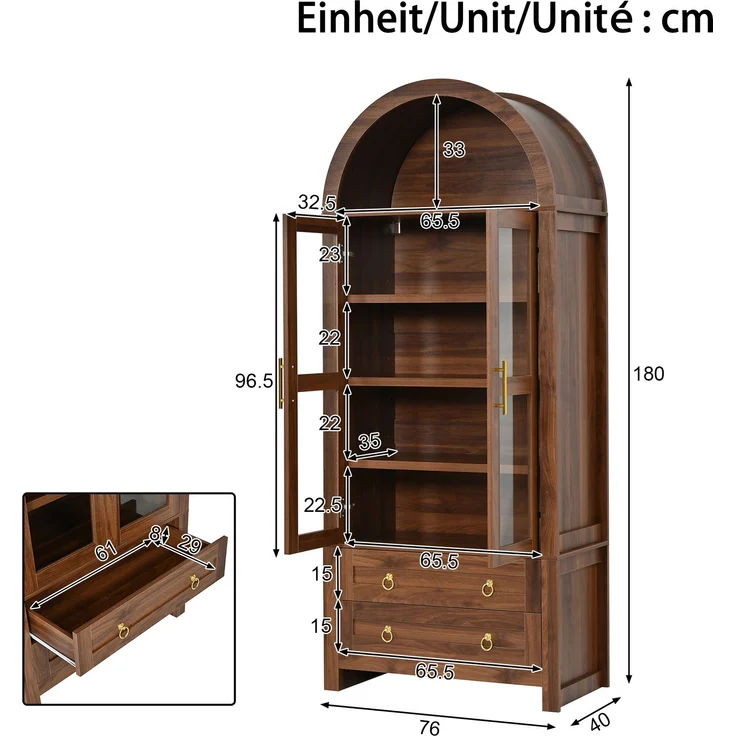 Vitrine 76 x 40 x 180 cm aus MDF und Spanplatte mit Glasfront, LED-Beleuchtung und Retro-Bogen – Bild 5