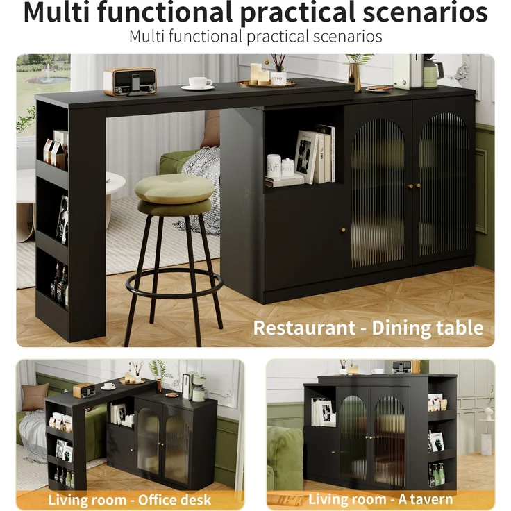 ZUBALIYA Drehbarer Bartisch 120 x 40 cm, mit Stauraum, mit Glastüren, MDF, Schwarz – Bild 18