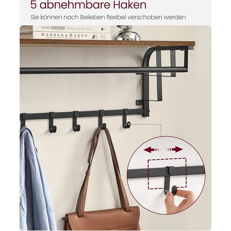 Vasagle Wandgarderobe mit Ablage und 5 abnehmbaren Haken, Holz vintagebraun-schwarz, 80 x 30 x 27 cm – Bild 5